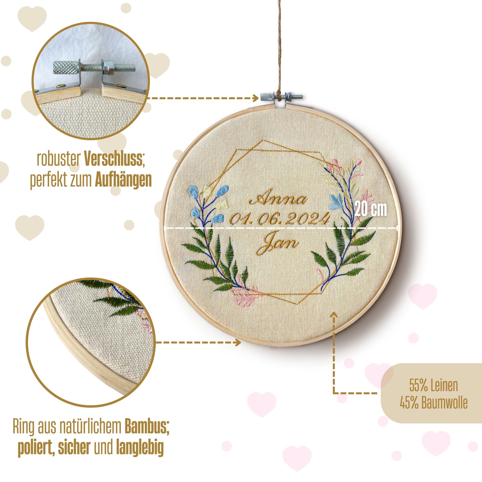 Stickrahmen mit Namen und Datum bestickt - Hochzeit oder Verlobung