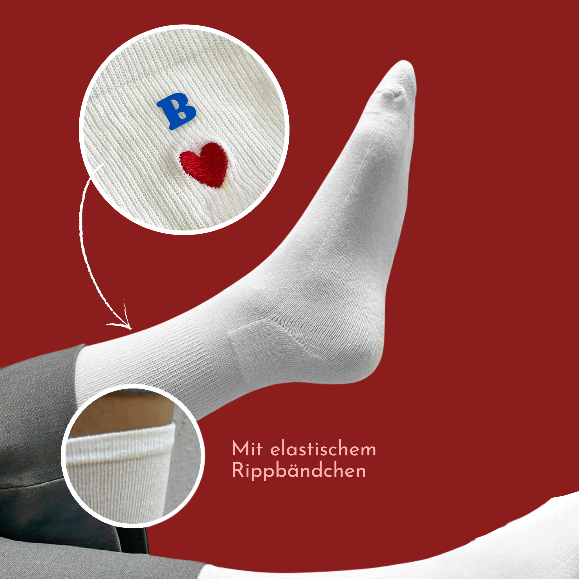 Socken mit Buchstabe und Herzmotiv bestickt - Personalisierte Socken als außergewöhnliche Geschenkidee