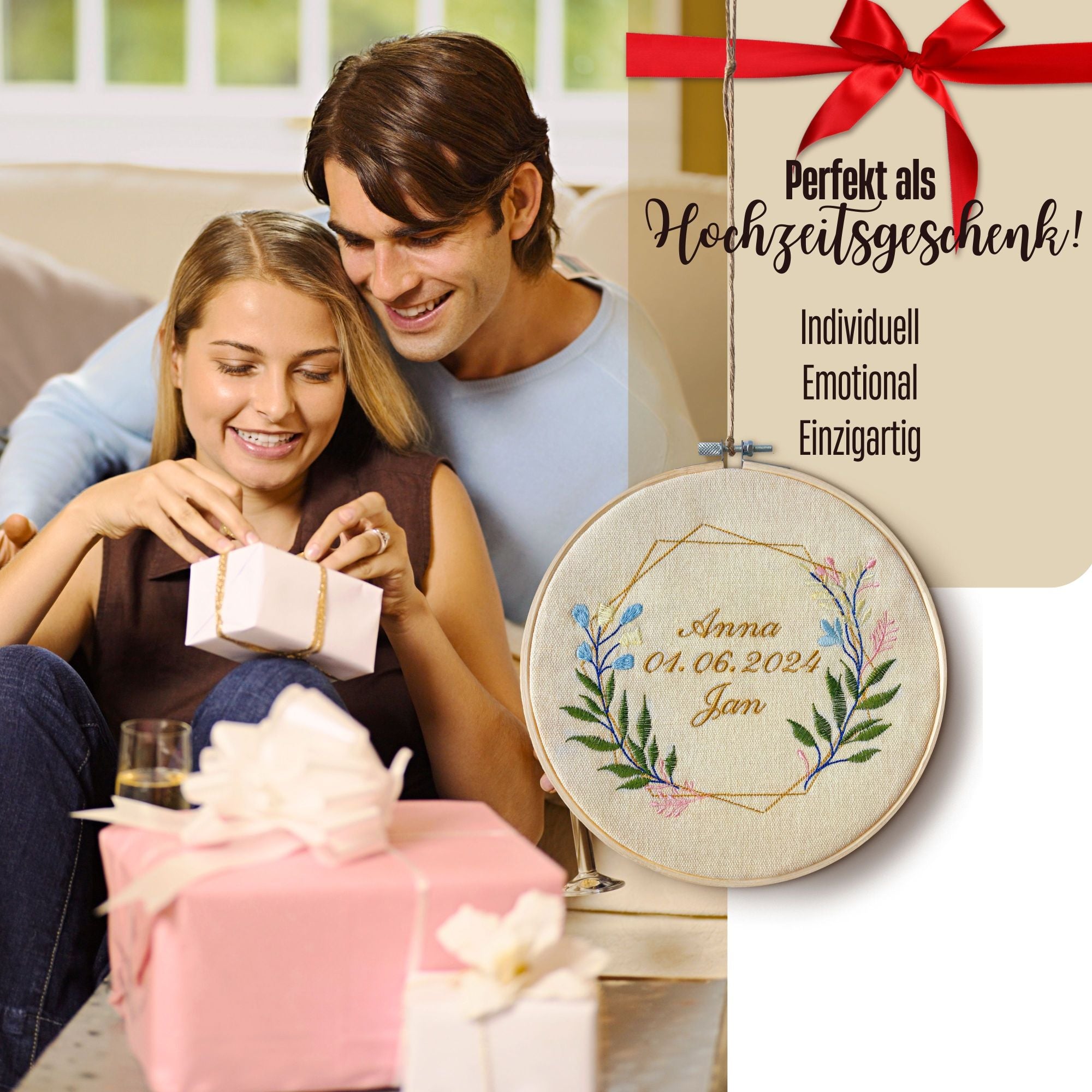 Stickrahmen mit Namen und Datum bestickt - Hochzeit oder Verlobung