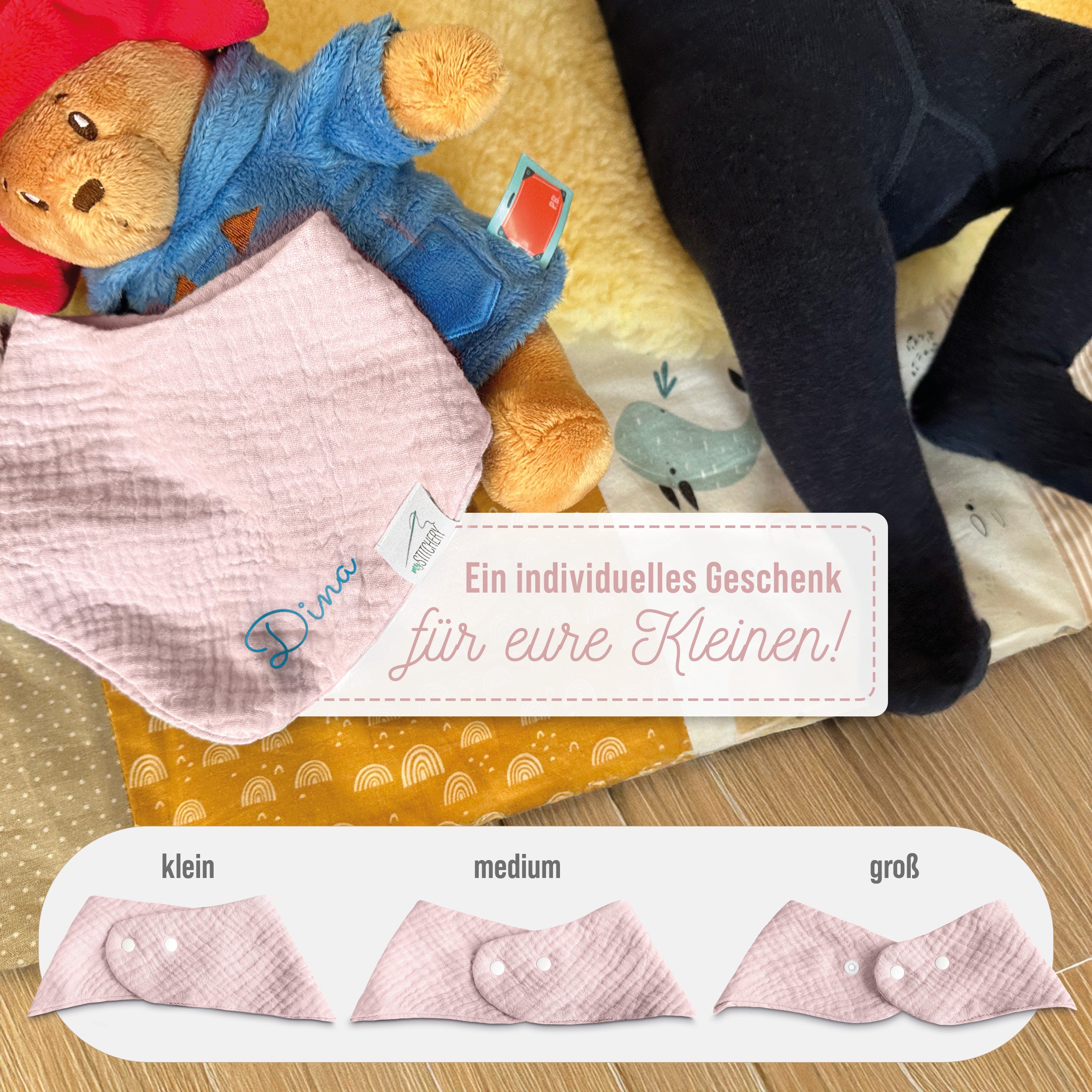 Musselin Baby Lätzchen mit Namen bestickt, Oeko-TEX® Standard 100