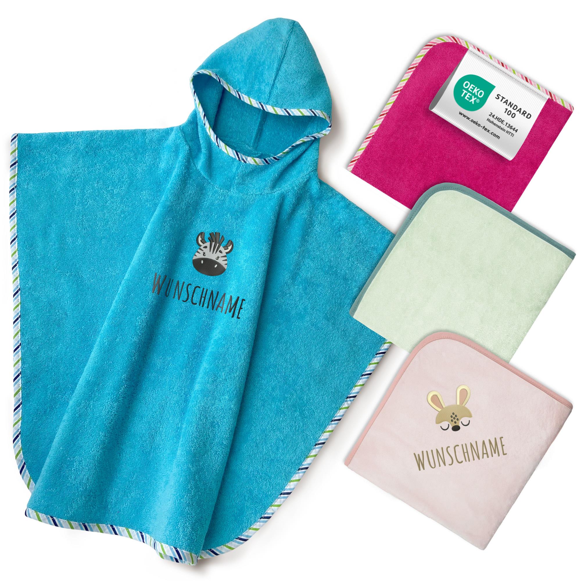 Badeponcho mit Motiv und Namen bestickt, Oeko-TEX® Standard 100 -  Personalisierter Badeponcho aus reiner Baumwolle