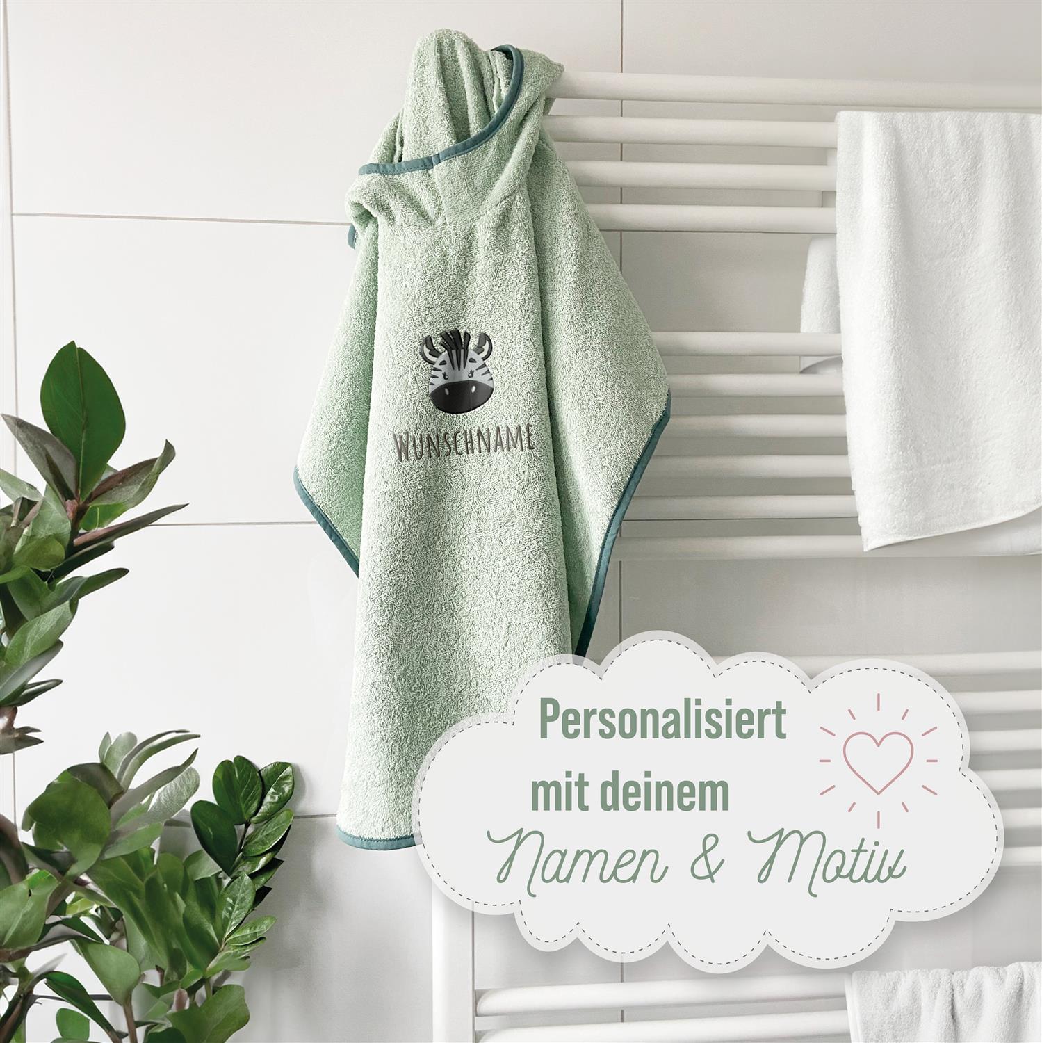 Badeponcho mit Motiv und Namen bestickt, Oeko-TEX® Standard 100 -  Personalisierter Badeponcho aus reiner Baumwolle