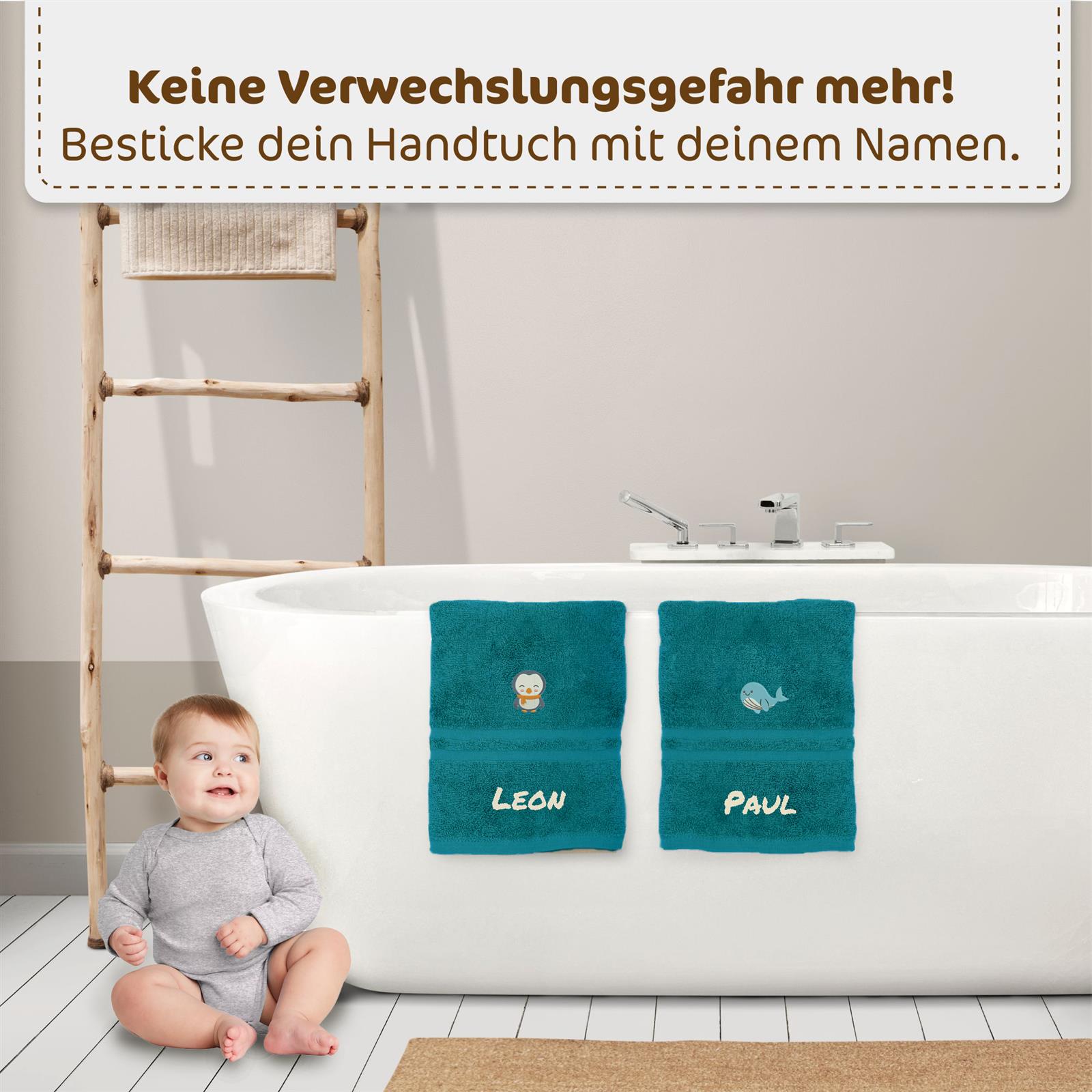 Kinderhandtuch mit Motiv und Namen bestickt