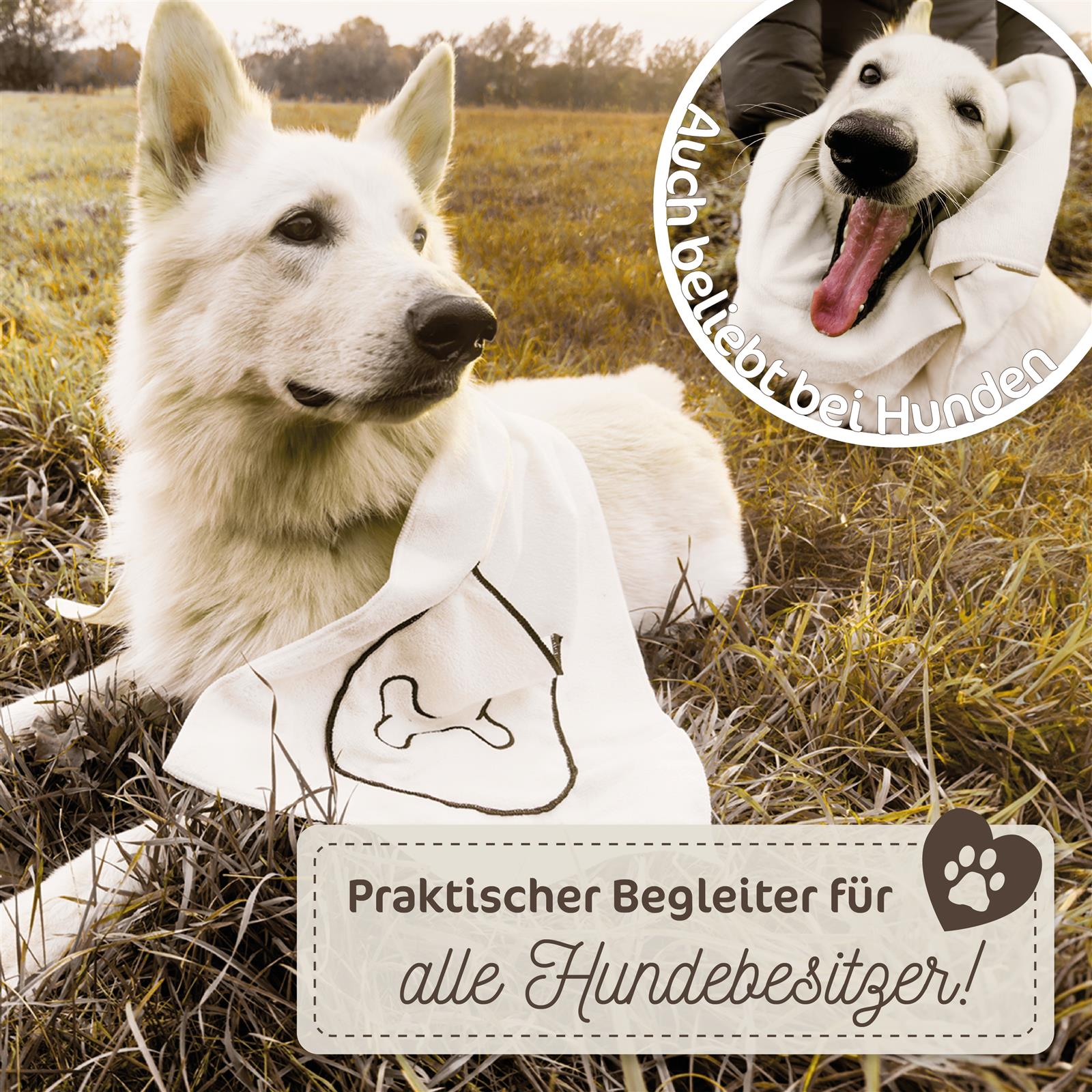 Hundehandtuch mit Namen und Hundeportrait bestickt