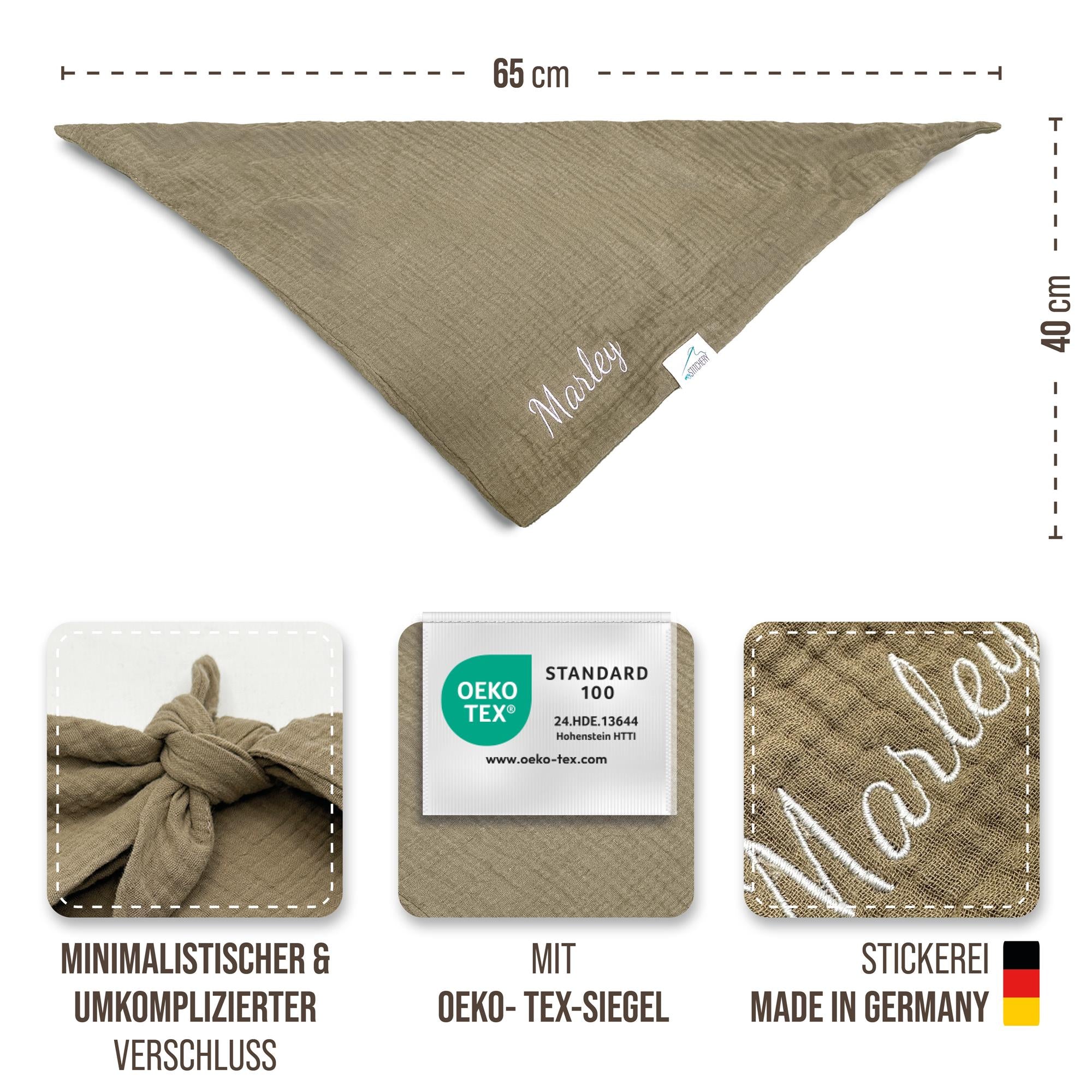 Musselin Hundehalstuch mit Namen bestickt, Oeko-TEX® Standard 100
