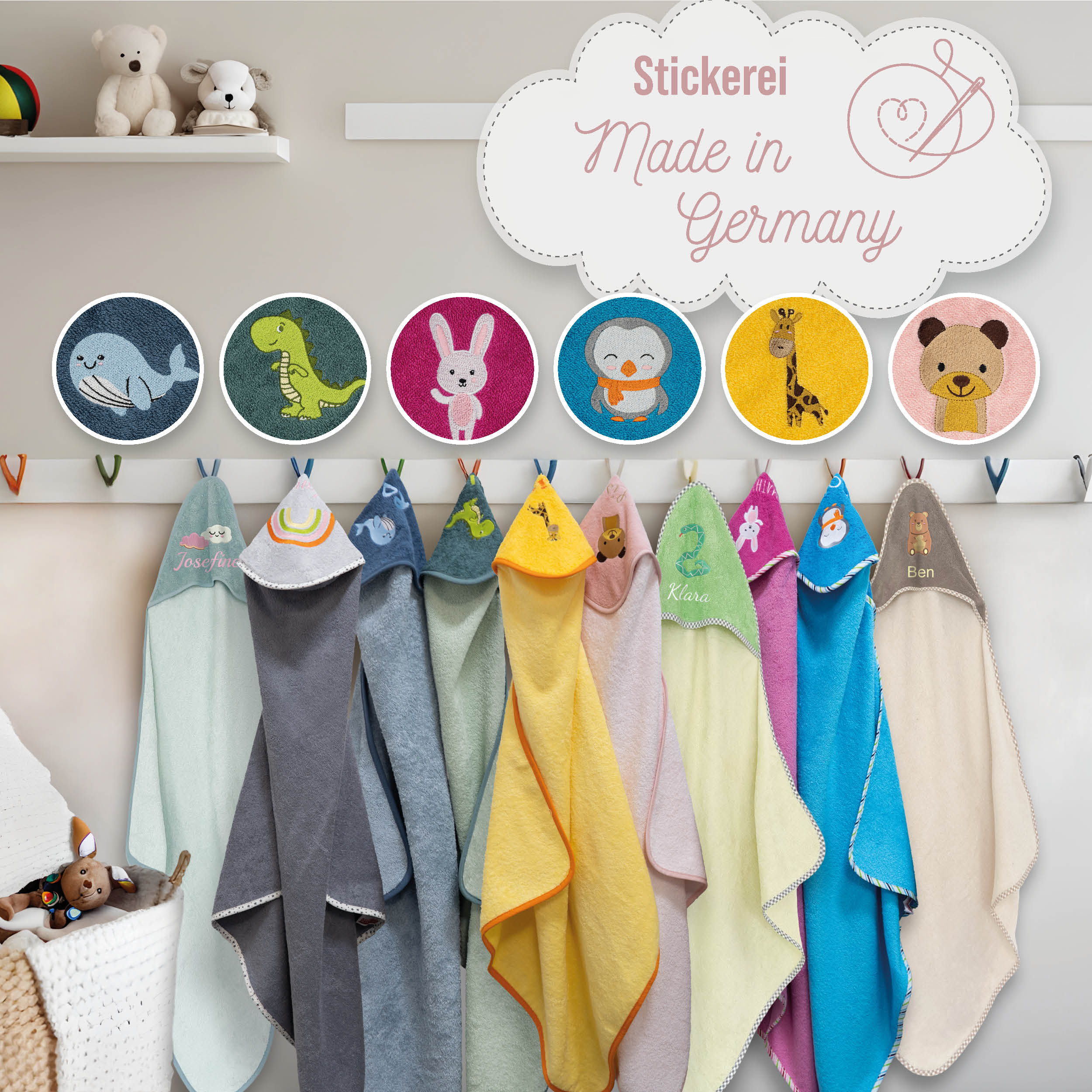 Kapuzenhandtuch mit Motiv und Namen bestickt - Oeko-TEX® Standard 100