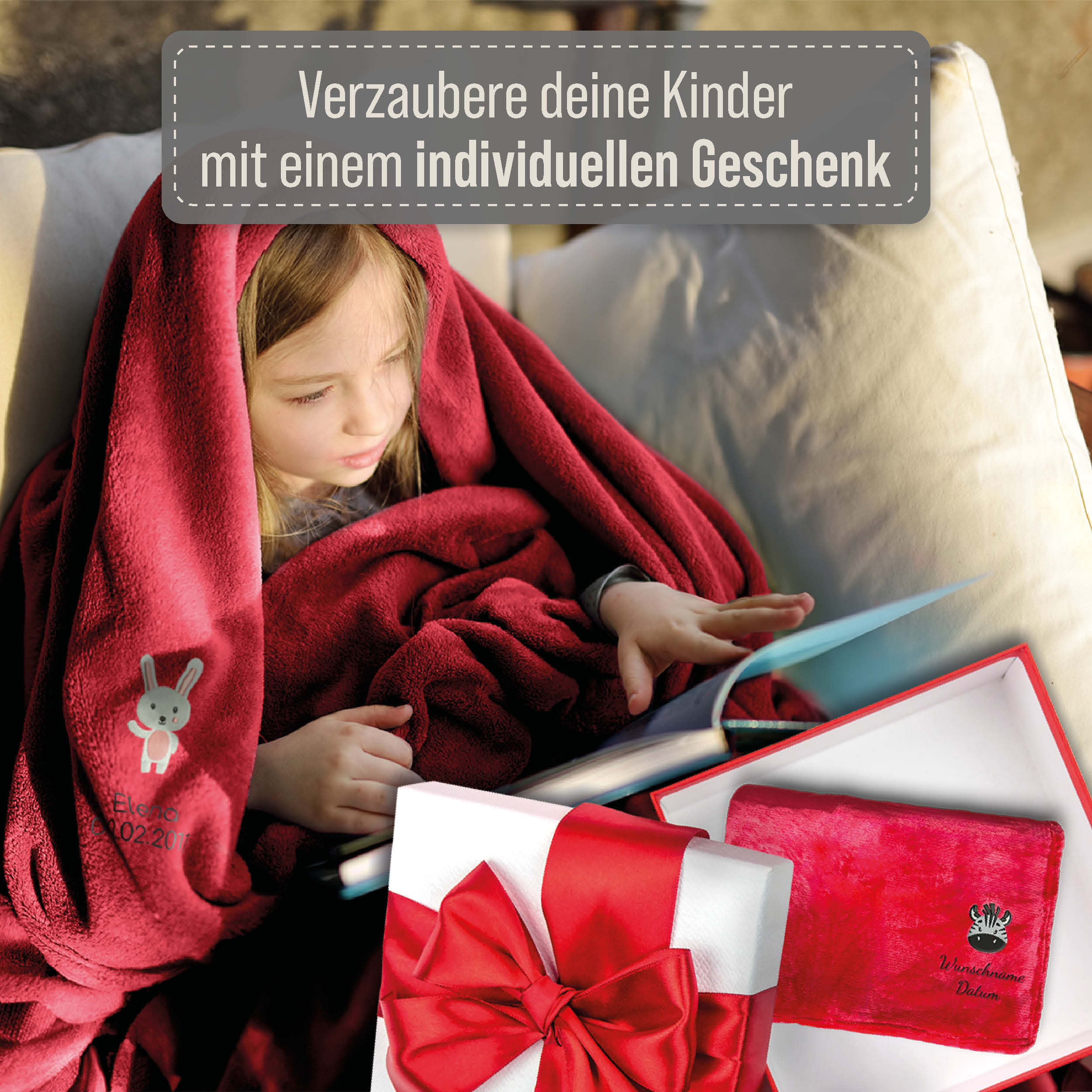 Kinder Kuscheldecke mit Namen, Wunschtext und Motiv bestickt