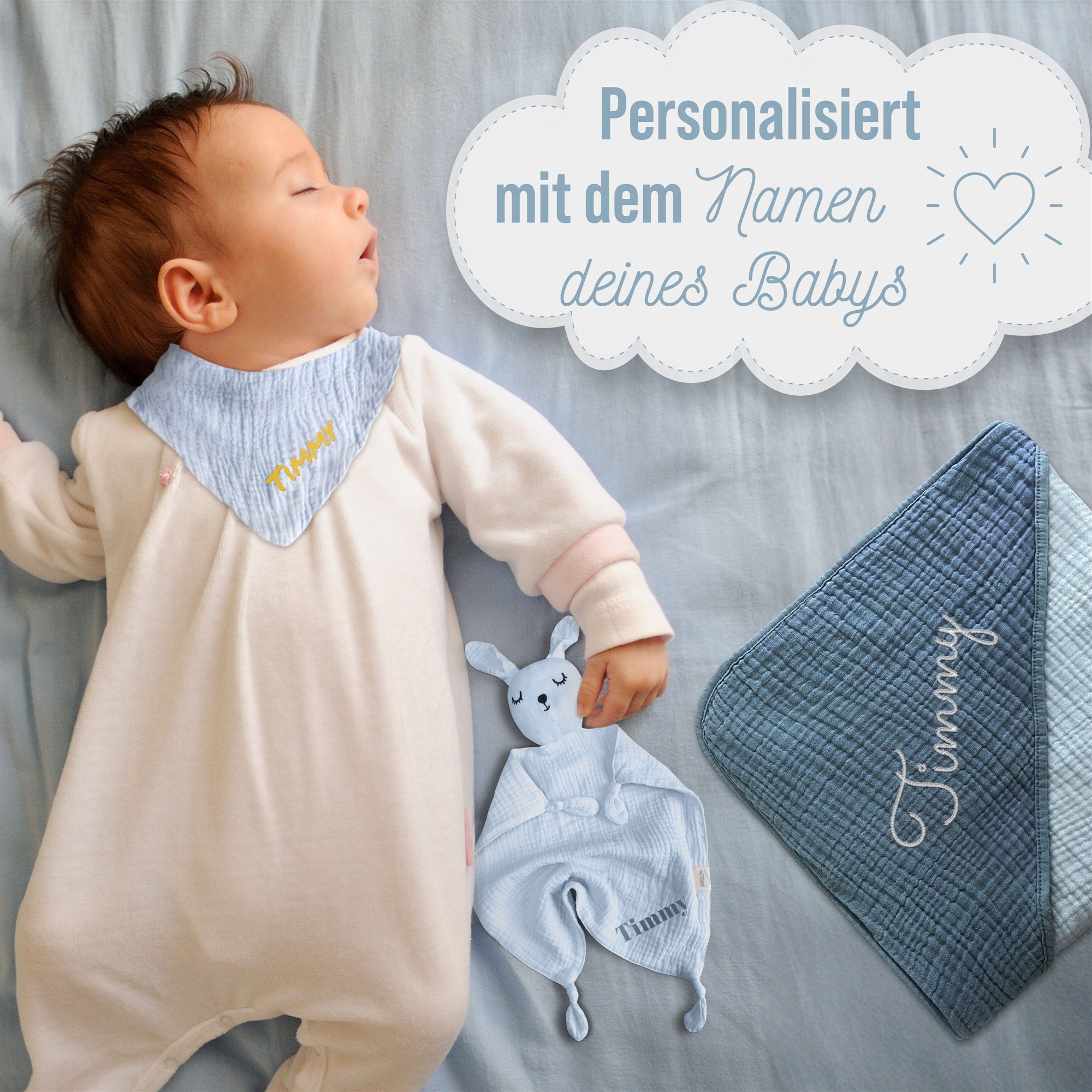 Newborn Baby Set mit Namen bestickt- Personalisiertes Geschenk Set 3-teilig