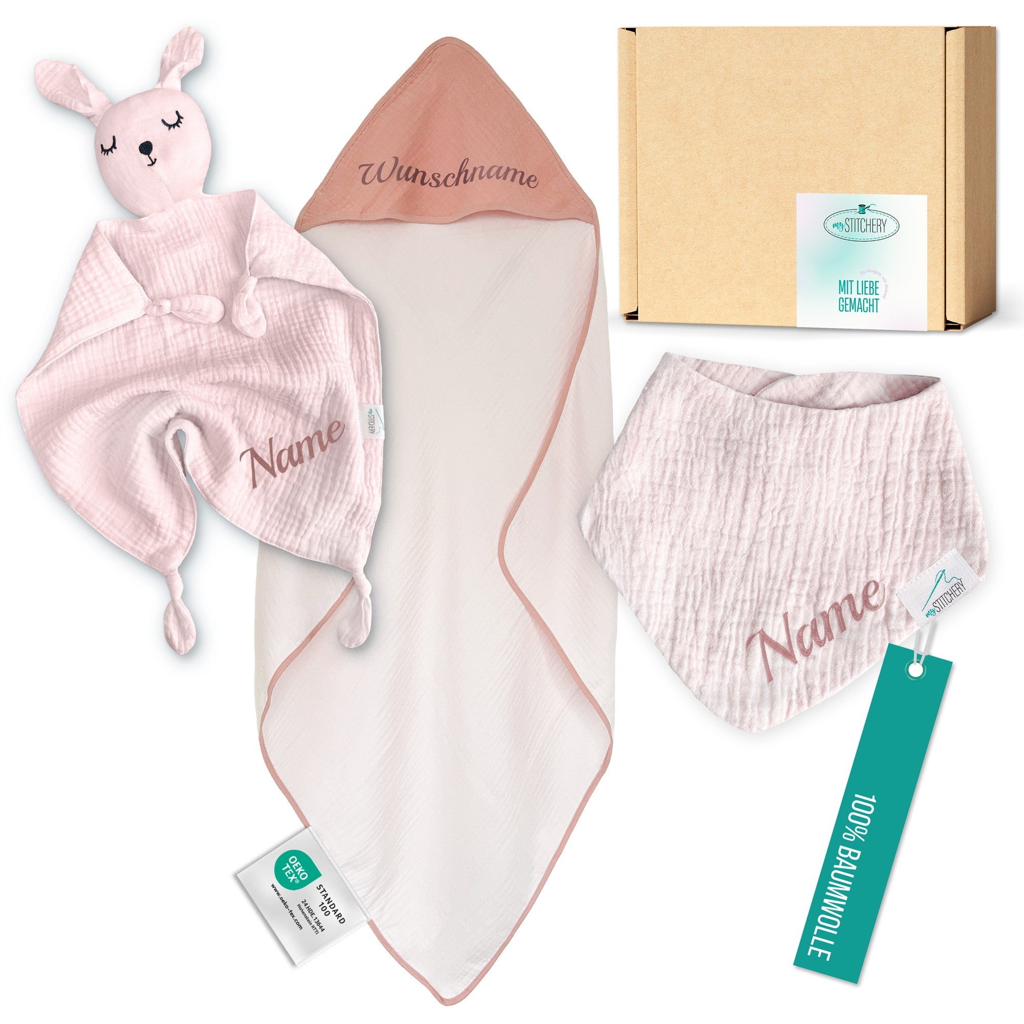 Newborn Baby Set mit Namen bestickt- Personalisiertes Geschenk Set 3-teilig